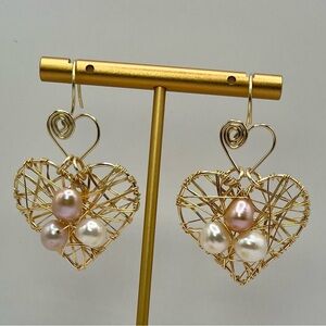 Gold Heart Wire Earrings with Pearls